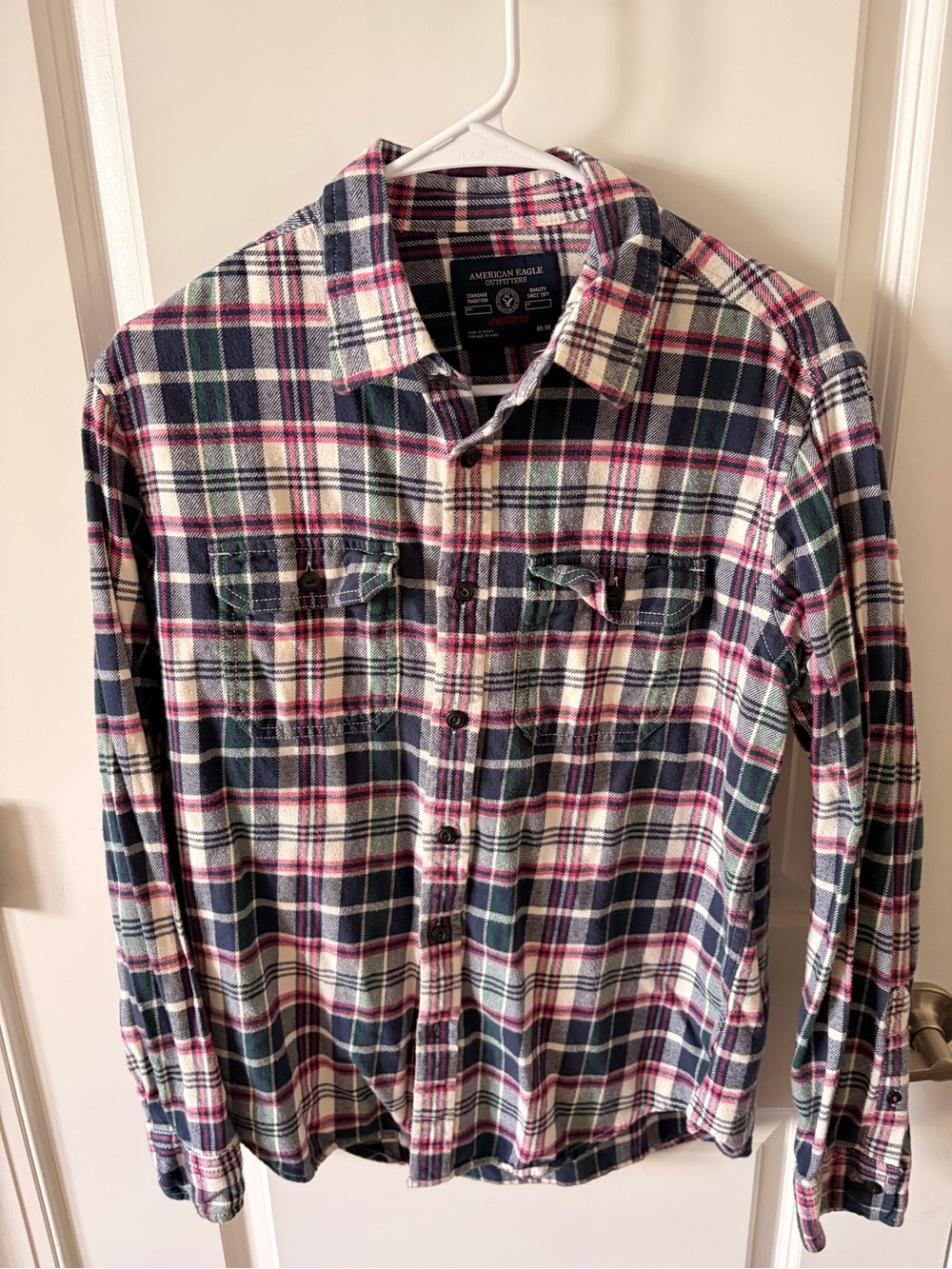 American Eagle Outfitters Navy, White & Pink Plaid Button-Down Shirt